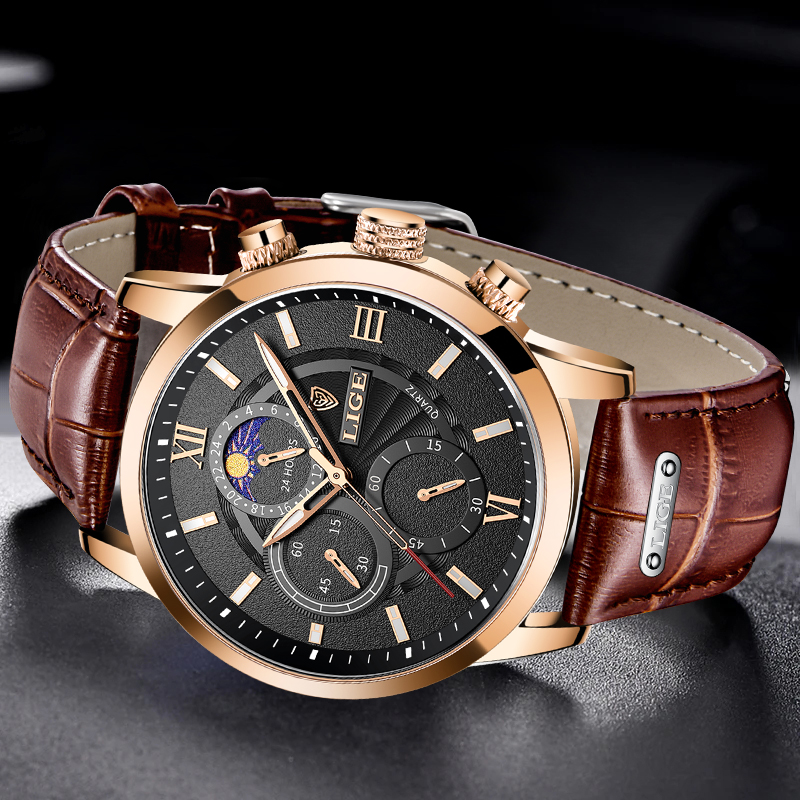 LIGE 패션 남성 시계 캐주얼 비즈니스 가죽 시계 남 - Smartwatch Watches Brands For Men 리뷰 및 가격